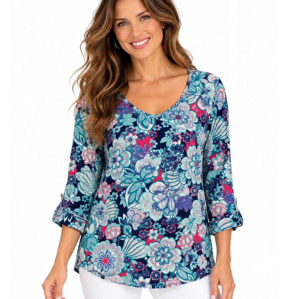 Talbots Floral Top Womens XS Pink Blue Scoop Neck Long Sleeve Casual Tee